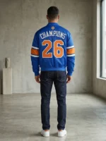 Blue Kith Knicks 2026 Champions Bomber Jacket representing the New York Knicks championship glory in true Knicks blue