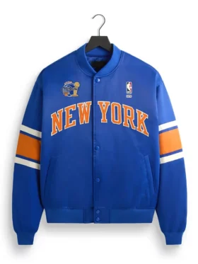 Front view of the Kith Knicks 2026 Champions Bomber Jacket putting the Knicks 2026 championship celebration on full display