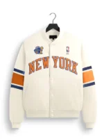 White Kith Knicks 2026 Champions Bomber Jacket offering a clean colorway to celebrate the New York Knicks 2026 title