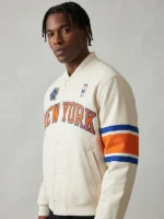 Classic white Kith Knicks 2026 Champions Bomber Jacket from Kith honoring the New York Knicks 2026 NBA Finals victory