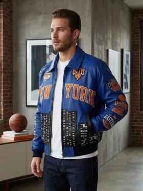 Multicolor Knicks 2026 Champions Leather Jacket from Kith celebrating the New York Knicks historic NBA Finals title