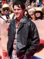 Side profile layout view highlighting the high density grain finish on the Madrid Event Spiderman Tom Holland Jacket.