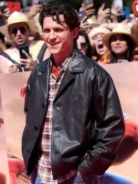 Side profile layout view highlighting the high density grain finish on the Madrid Event Spiderman Tom Holland Jacket.
