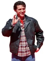 Full front presentation view showcasing the clean lines and minimalist hardware on the Madrid Event Spiderman Tom Holland Jacket.