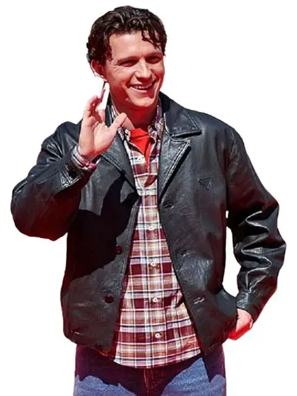 Full front presentation view showcasing the clean lines and minimalist hardware on the Madrid Event Spiderman Tom Holland Jacket.