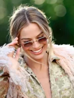 Margot Robbie John Galliano Long Trim Coat Close-Up View