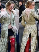 Margot Robbie John Galliano Long Trim Coat Front And Back View