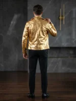 Mens Gold Metallic Biker Leather Jacket Back View