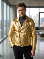 Mens Gold Metallic Biker Leather Jacket Front View