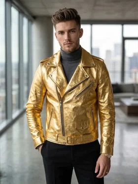 Mens Gold Metallic Biker Leather Jacket Front View
