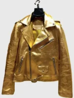 Mens Gold Metallic Biker Leather Jacket View Look