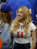Iconic white NBA Finals Sydney Sweeney Knicks Jersey celebrating Sydney Sweeney's viral courtside Knicks Finals moment