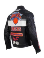 NY Knicks Moto Black Leather Jacket Back Side View