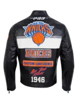 NY Knicks Moto Black Leather Jacket Back View