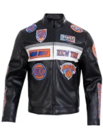 NY Knicks Moto Black Leather Jacket Front View