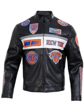NY Knicks Moto Black Leather Jacket Front View