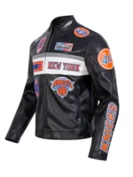 NY Knicks Moto Black Leather Jacket Side View