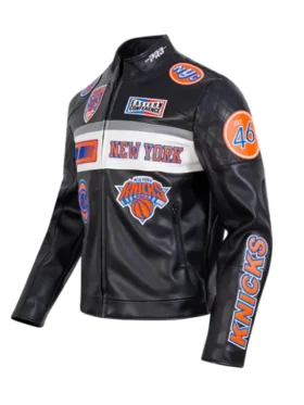 NY Knicks Moto Black Leather Jacket Side View