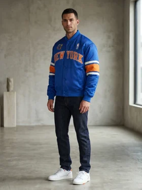 Blue and white Kith Knicks 2026 Champions Bomber Jacket celebrating the New York Knicks historic 2026 NBA Finals title