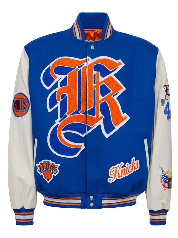 New York Knicks Varsity Jacket Premium Blue & Cream Letterman Jacket Front Front view of a royal blue and cream New York Knicks varsity jacket featuring bold gothic letter embroidery, team patches, and striped ribbed trim.