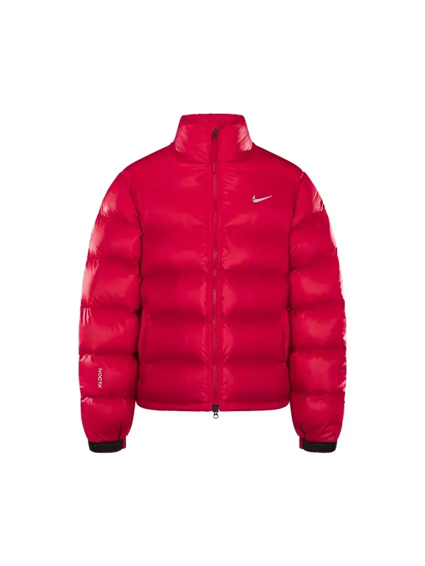 Nike x Drake NOCTA Sunset Puffer Jacket Red Men Jacket Front View Front view of the NOCTA Pre Match Jersey II featuring a distressed teal and coral red texture, black raglan sleeves, and a white crest logo.