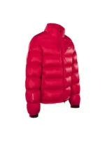 Front view of the Nike x Drake NOCTA Sunset Puffer Jacket in a glossy crimson red finish with a high insulated collar and white Nike swoosh.