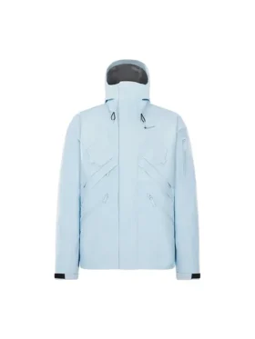 Front view of the NOCTA CS Cobalt Alien Jacket featuring an electric cobalt blue water-resistant shell, a high-neck hood, and black zipper pull hardware details.