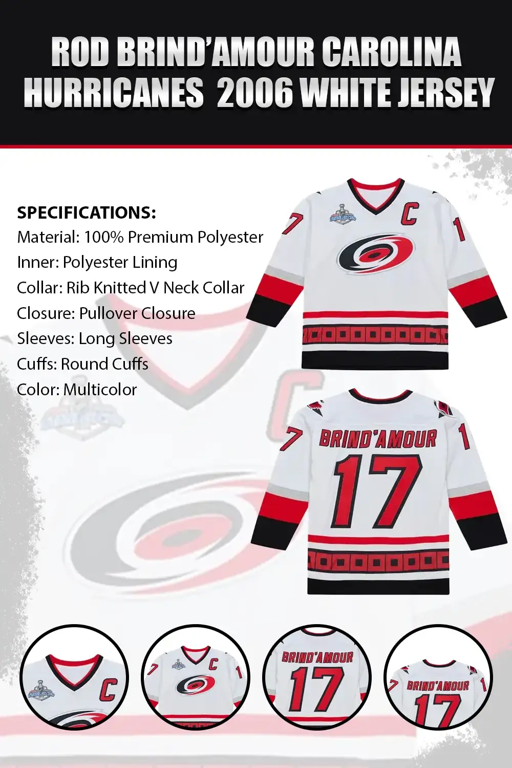 A white ice hockey jersey displaying red and black accents, featuring the number 17 and a rib-knitted V-neck collar.