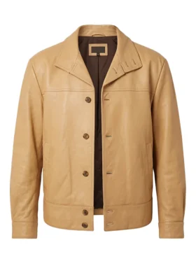 Premium standalone display focusing on the rich tan finish of the Spiderman Photocall Tom Holland Jacket shell.