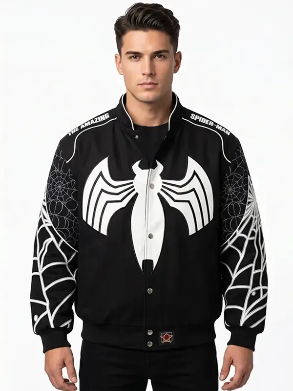Spiderman Back in Black Varsity Jacket Front View Spiderman Back in Black Varsity Jacket Front View