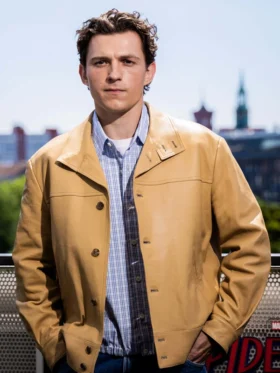 This front presentation highlighting the beautiful sleeve drape and smooth finish of the Spiderman Photocall Tom Holland Jacket.