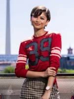 This view presentation highlighting the clean seams and fluid texture of the Spiderman Berlin Photocall Zendaya Shirt.