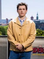 Front layout view of the tan Spiderman Photocall Tom Holland Jacket highlighting its smooth real leather texture.