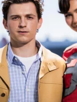 Clean profile presentation showing the elegant lapel style collar on the Spiderman Photocall Tom Holland Jacket.