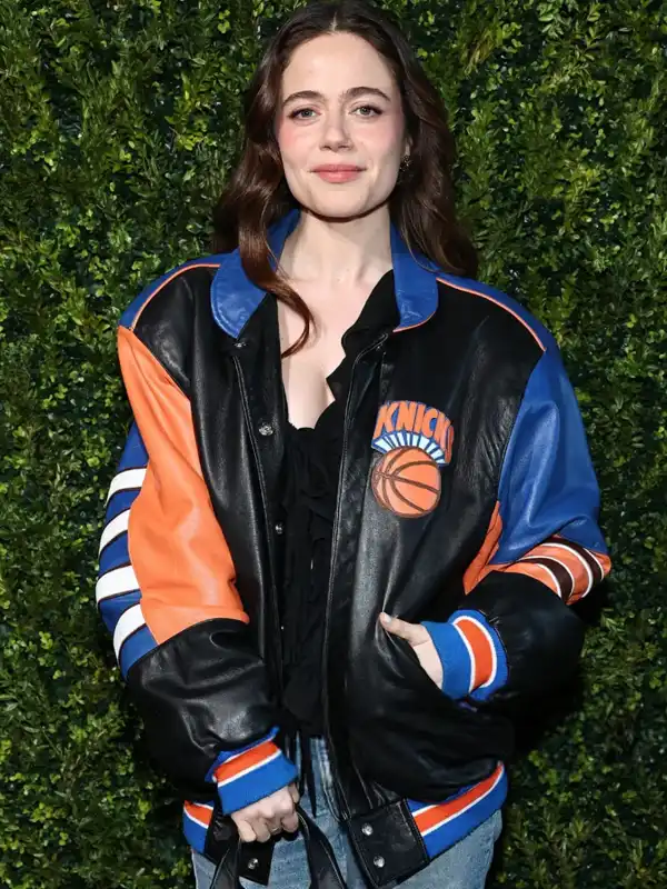 Tribeca Festival Molly Gordon Knicks Jacket Front View Tribeca Festival Molly Gordon Knicks Jacket Front View