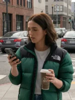 Front presentation layout highlighting the insulated loft and deep green hue of the Voicemails for Isabelle 2026 Zoey Deutch Puffer Jacket.