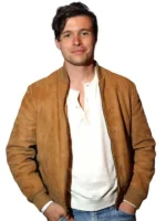 Full front presentation view highlighting the clean rib knit trim on the Voicemails for Isabelle Nick Robinson Suede Bomber Jacket.