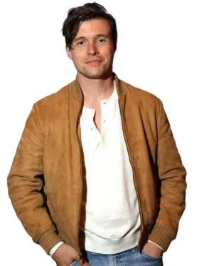 Full front presentation view highlighting the clean rib knit trim on the Voicemails for Isabelle Nick Robinson Suede Bomber Jacket.