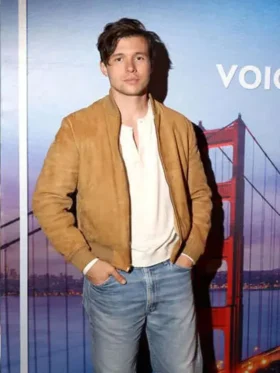 Front studio layout view highlighting the premium nap and deep brown tone of the Voicemails for Isabelle Nick Robinson Suede Bomber Jacket.