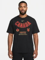 Front presentation layout view highlighting the sharp athletic profile of the black World Cup 2026 Nocta x Canada T Shirt.