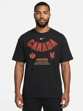 Front presentation layout view highlighting the sharp athletic profile of the black World Cup 2026 Nocta x Canada T Shirt.