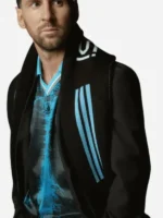 A premium standalone presentation of the midnight black Kith Messi Football Suiting Jacket.