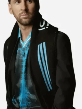 A premium standalone presentation of the midnight black Kith Messi Football Suiting Jacket.
