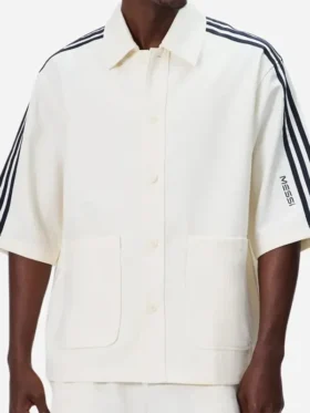Full front presentation view highlighting the clean button front of the Adidas Kith Lionel Messi Football Shirt.