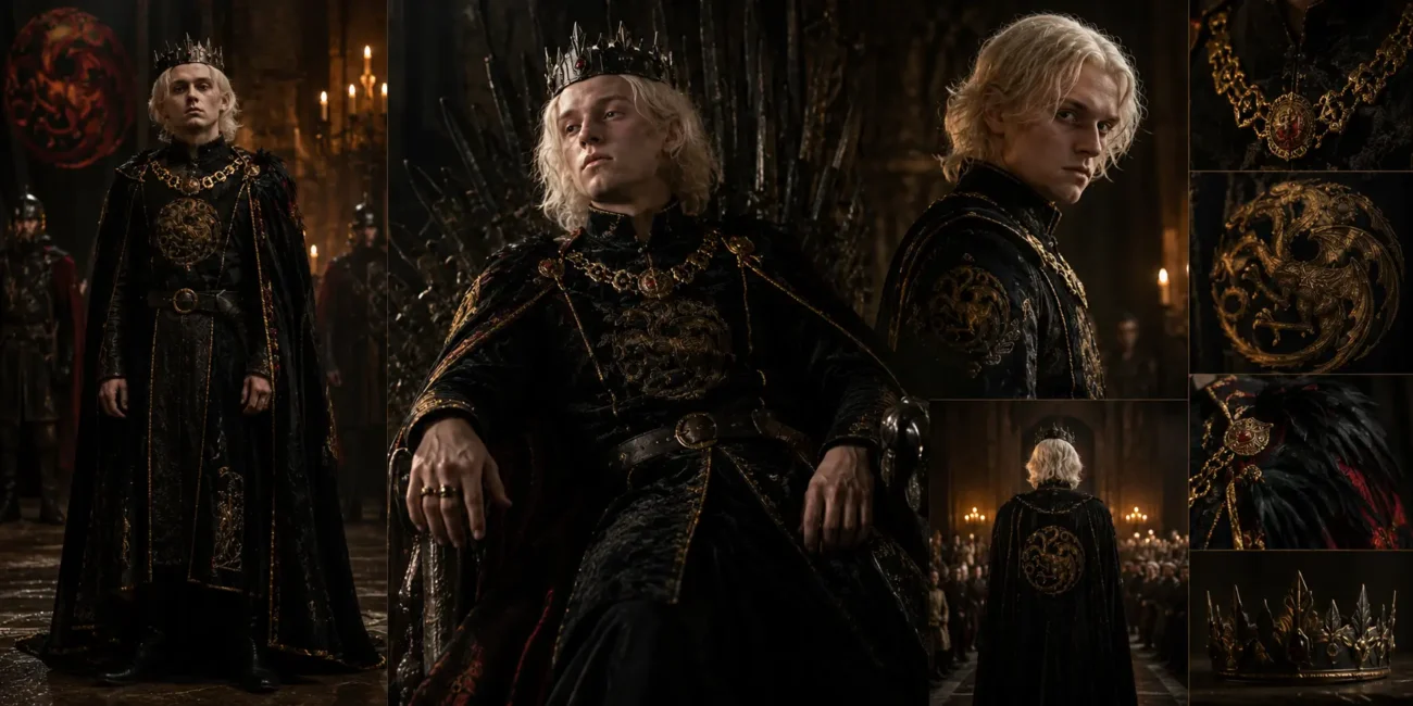 Aegon II Targaryen wearing black royal robes with gold embroidery, crown, and ceremonial Targaryen attire in House of the Dragon Season 3.