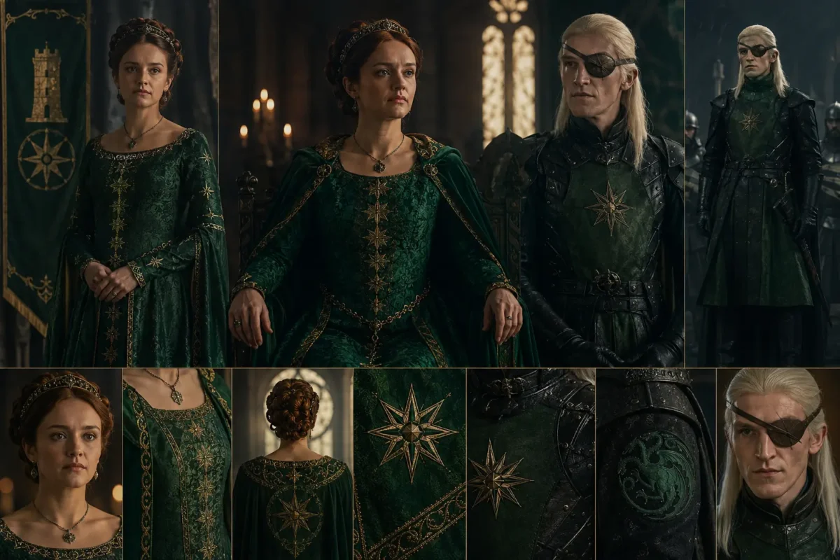 Alicent Hightower in a green embroidered gown alongside Aemond Targaryen in emerald-black armor representing Team Green in House of the Dragon Season 3.