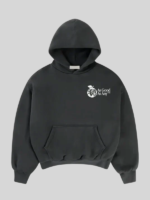 As Good As Any black hoodie front view with small white chest logo on premium black fleece pullover
