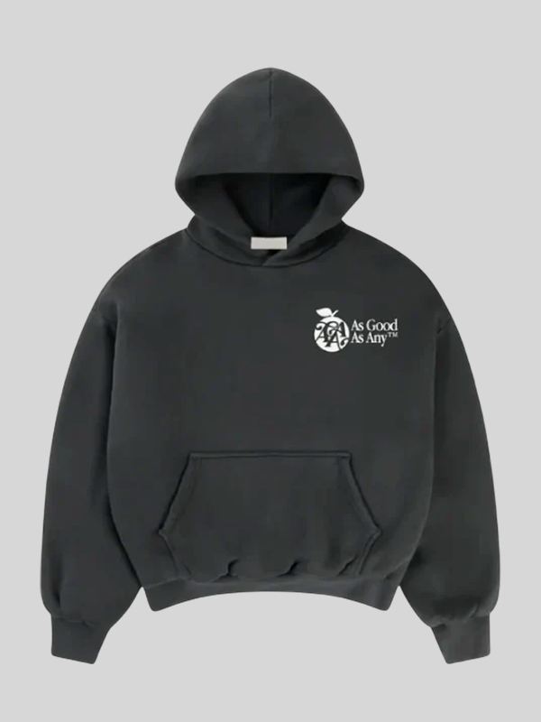 As Good As Any black hoodie front view with small white chest logo on premium black fleece pullover