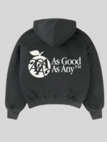 As Good As Any black hoodie back view showing large white apple brand graphic on premium black fleece