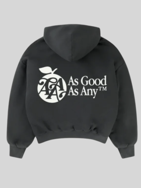 As Good As Any black hoodie back view showing large white apple brand graphic on premium black fleece